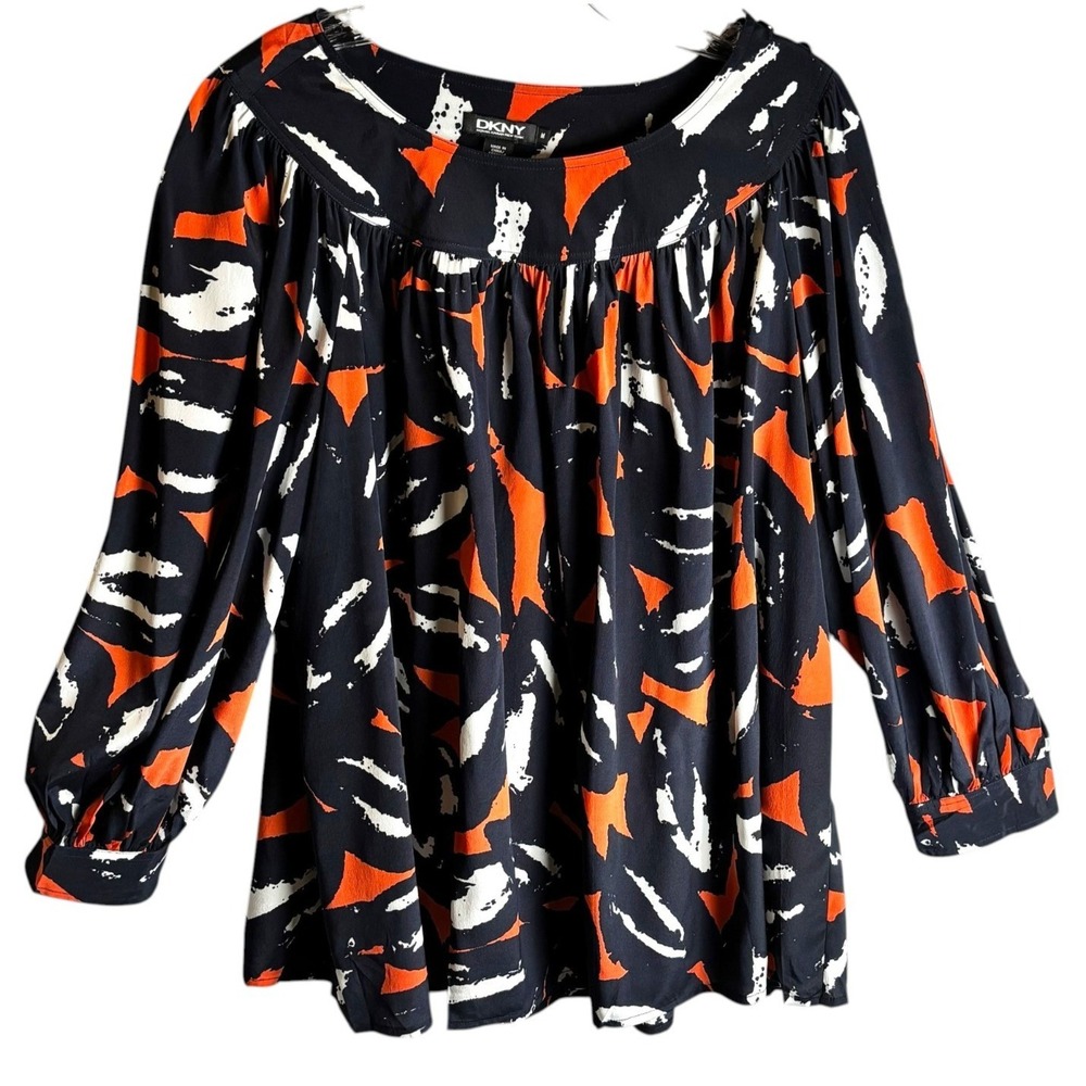 DKNY NWT Silk Blend Poet Blouse Womens M Navy Orange Abstract Button Shoulder